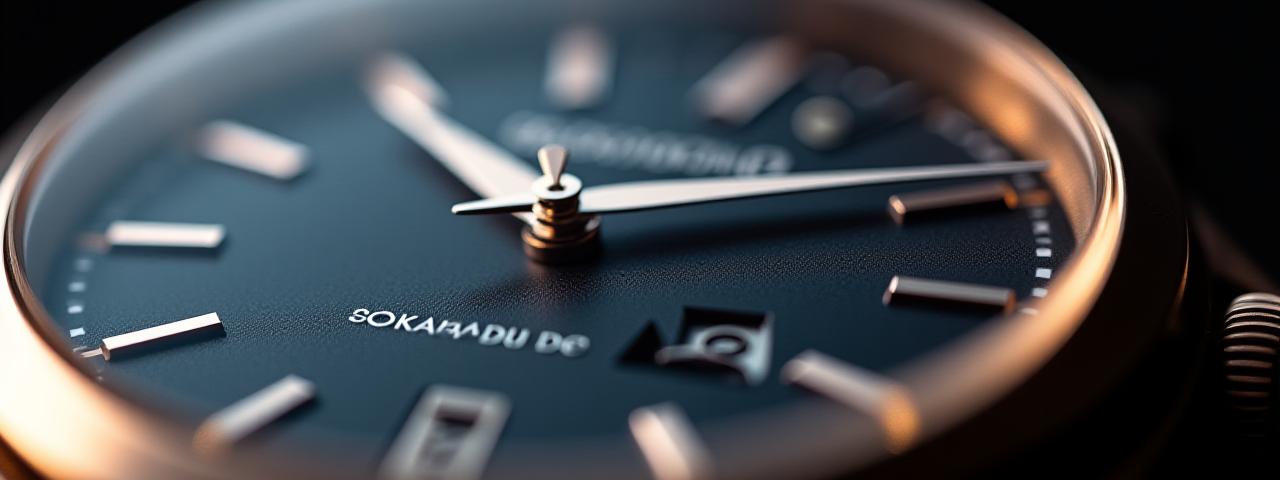 マクロ撮影された狼ダイヤルの時計の文字盤、精密な針とインデックスが強調されている